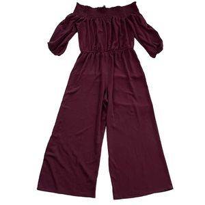 Women's Ankle Crop Romper Jumpsuit Palazzo Leg Dark Red Maroon Stretch Sz XL